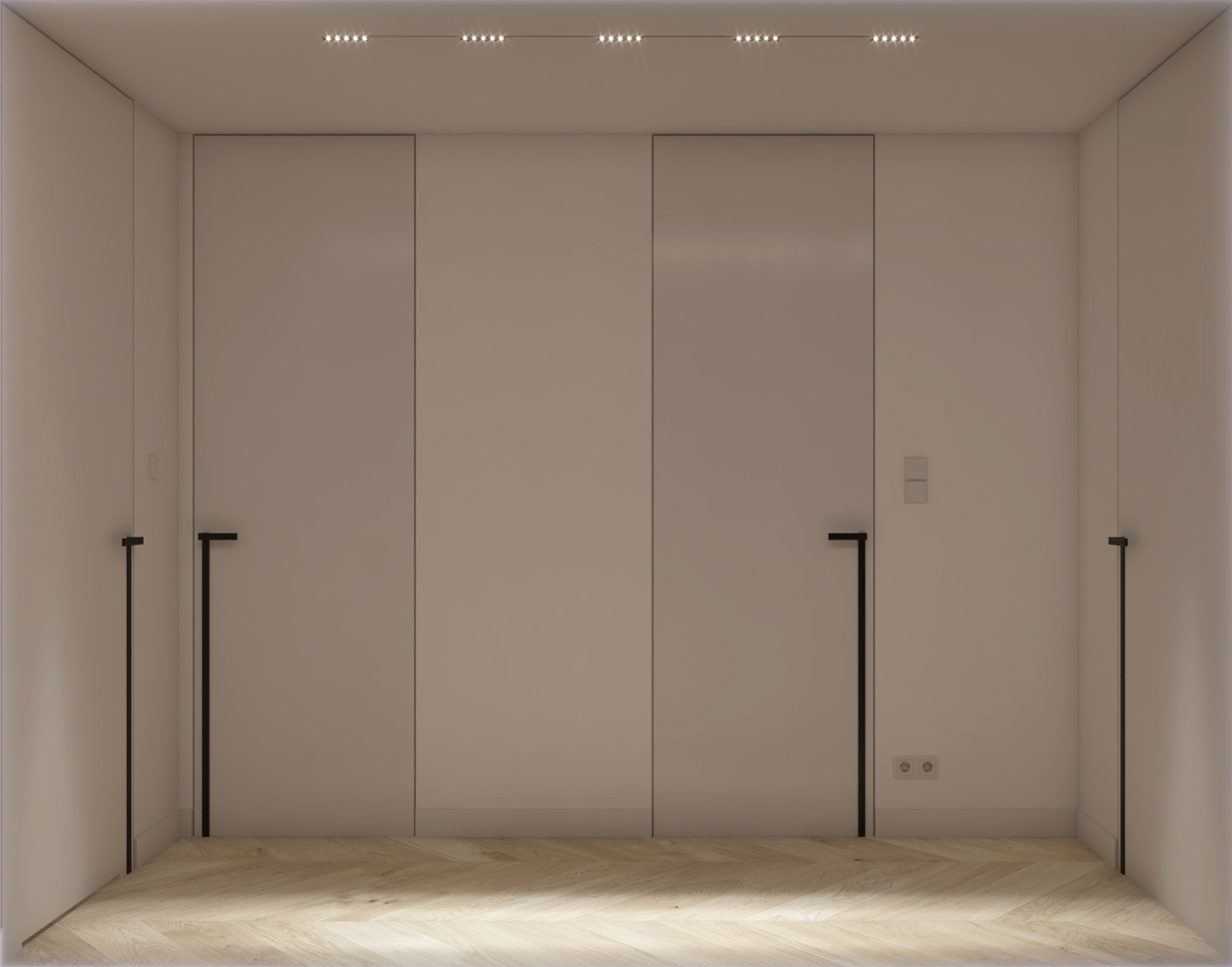 Minimalistyczne wnętrze z dwiema ukrytymi szafami w jasnym odcieniu, z dyskretnymi, pionowymi uchwytami i parkietem w jodełkę, oświetlone ledowymi lampami sufitowymi.