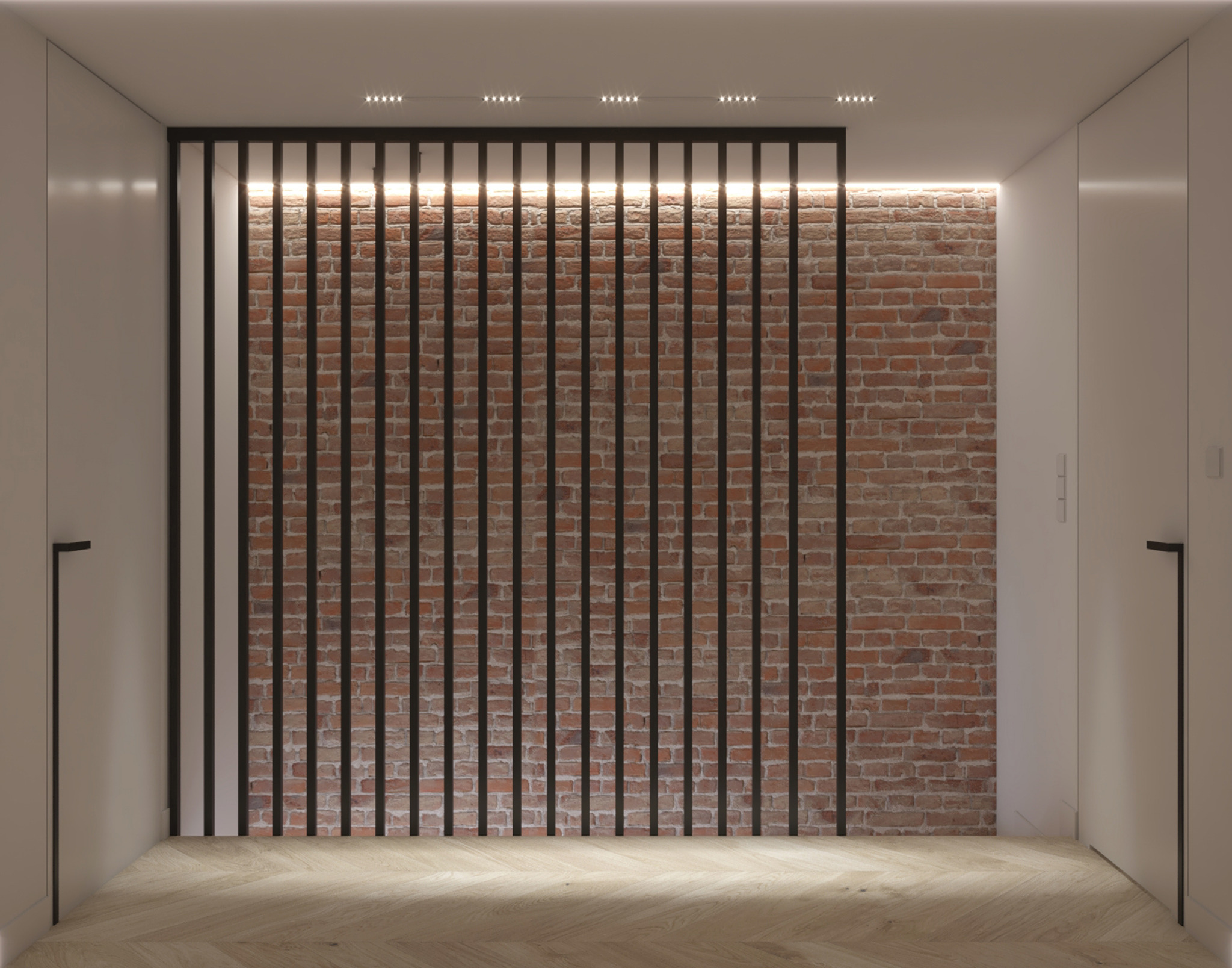 Minimalistyczny przedpokój z ceglaną ścianą, czarnymi lamelami, białymi szafami w zabudowie i drewnianą podłogą w jodełkę, oświetlony ledowymi punktami na suficie.