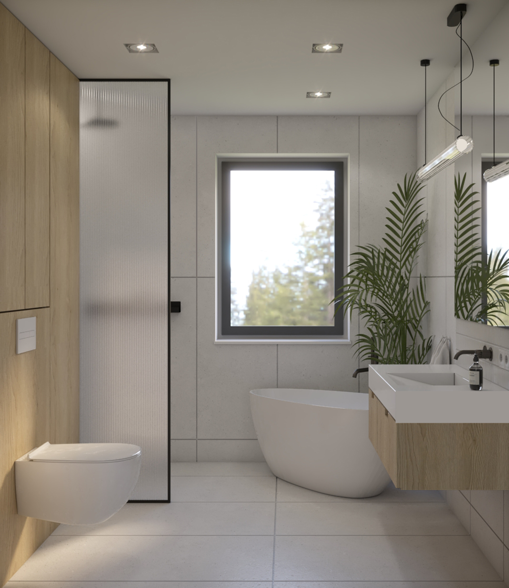 Nowoczesna łazienka z wolnostojącą wanną, umywalką nablatową z szafką z drewnianym fornirem, podwieszaną toaletą i kabiną prysznicową z ryflowanego szkła, oświetlona lampami wiszącymi i punktowymi,...