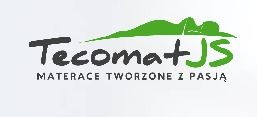 Logo firmy TecomatJS z zielonym symbolem leżącej postaci nad napisem 'Materace tworzone z pasją'.