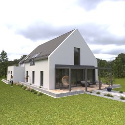 ALBEDO Architektura Anna Stawiarska - Wizualizacja nowoczesnego domu z białymi ścianami, grafitowym dachem, przeszkloną werandą z wiszącym fotelem i minimalistycznym ogrodem z kostką brukową i roślinami ozdobnymi. Na pierwszym planie...