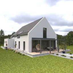 Wizualizacja nowoczesnego domu z białymi ścianami, grafitowym dachem, przeszkloną werandą z wiszącym fotelem i minimalistycznym ogrodem z kostką brukową i roślinami ozdobnymi. Na pierwszym planie...