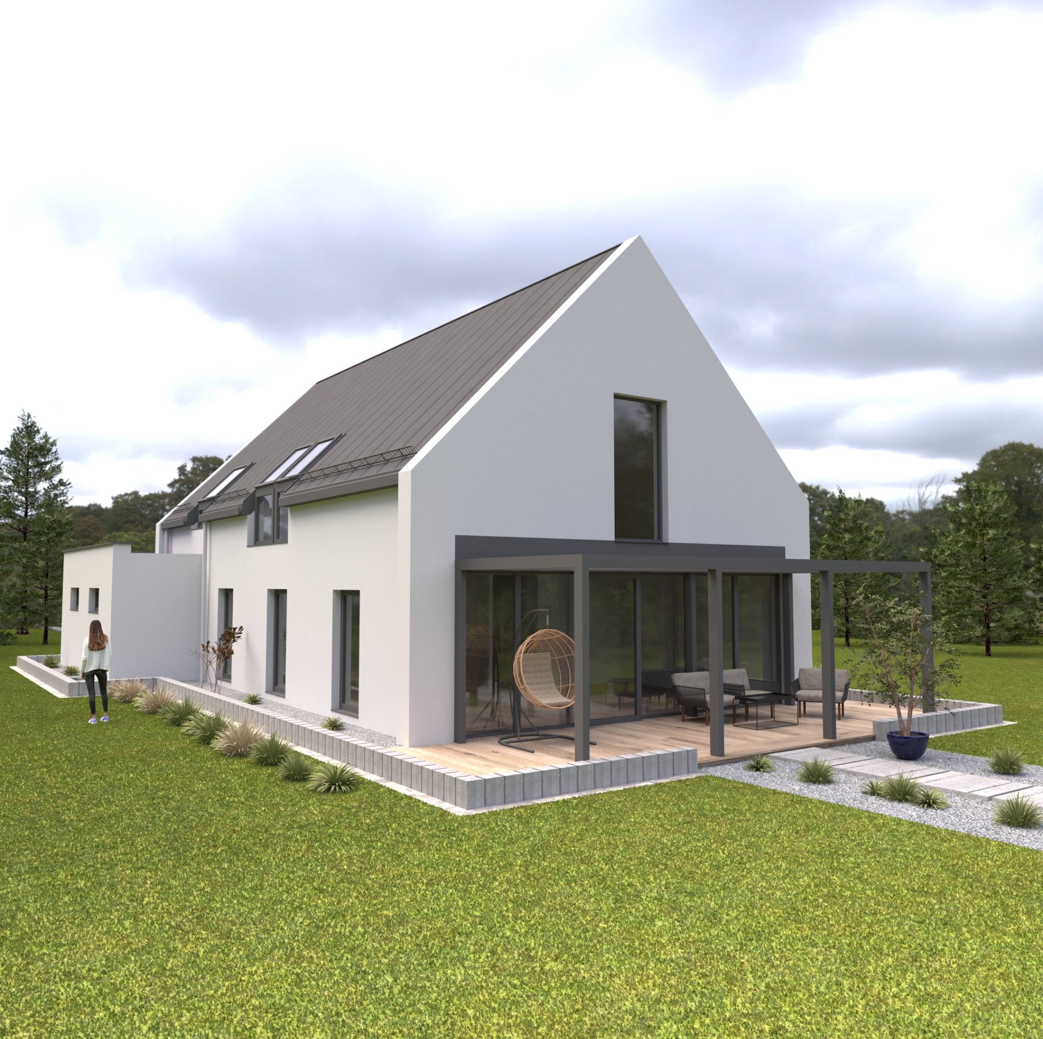 Wizualizacja nowoczesnego domu z białymi ścianami, grafitowym dachem, przeszkloną werandą z wiszącym fotelem i minimalistycznym ogrodem z kostką brukową i roślinami ozdobnymi. Na pierwszym planie...