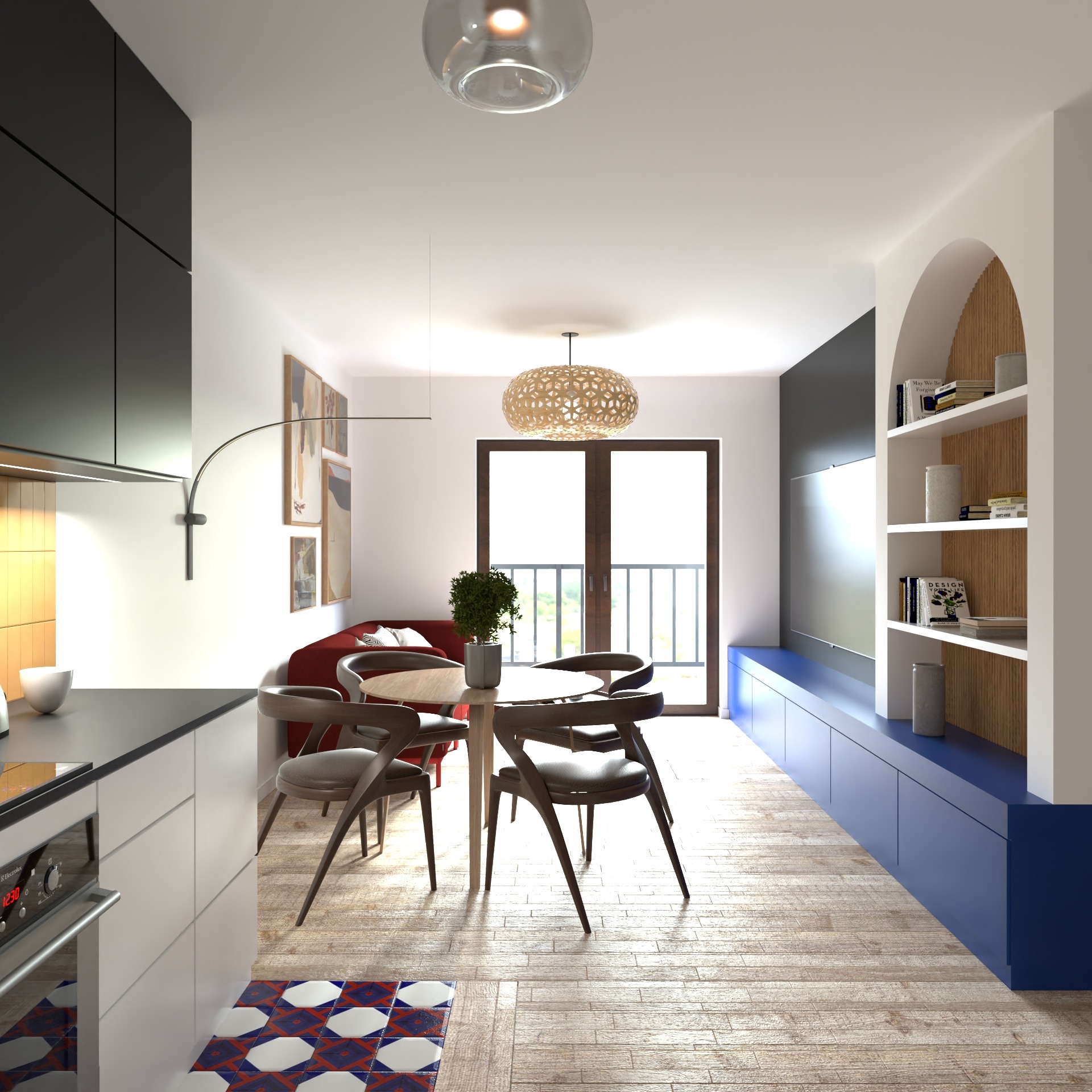 Wnętrze mieszkania: stół z krzesłami, czerwona sofa, niebieska szafka RTV z półkami w niszy, drewniana podłoga, wzorzyste płytki przy aneksie kuchennym, designerska lampa wisząca.