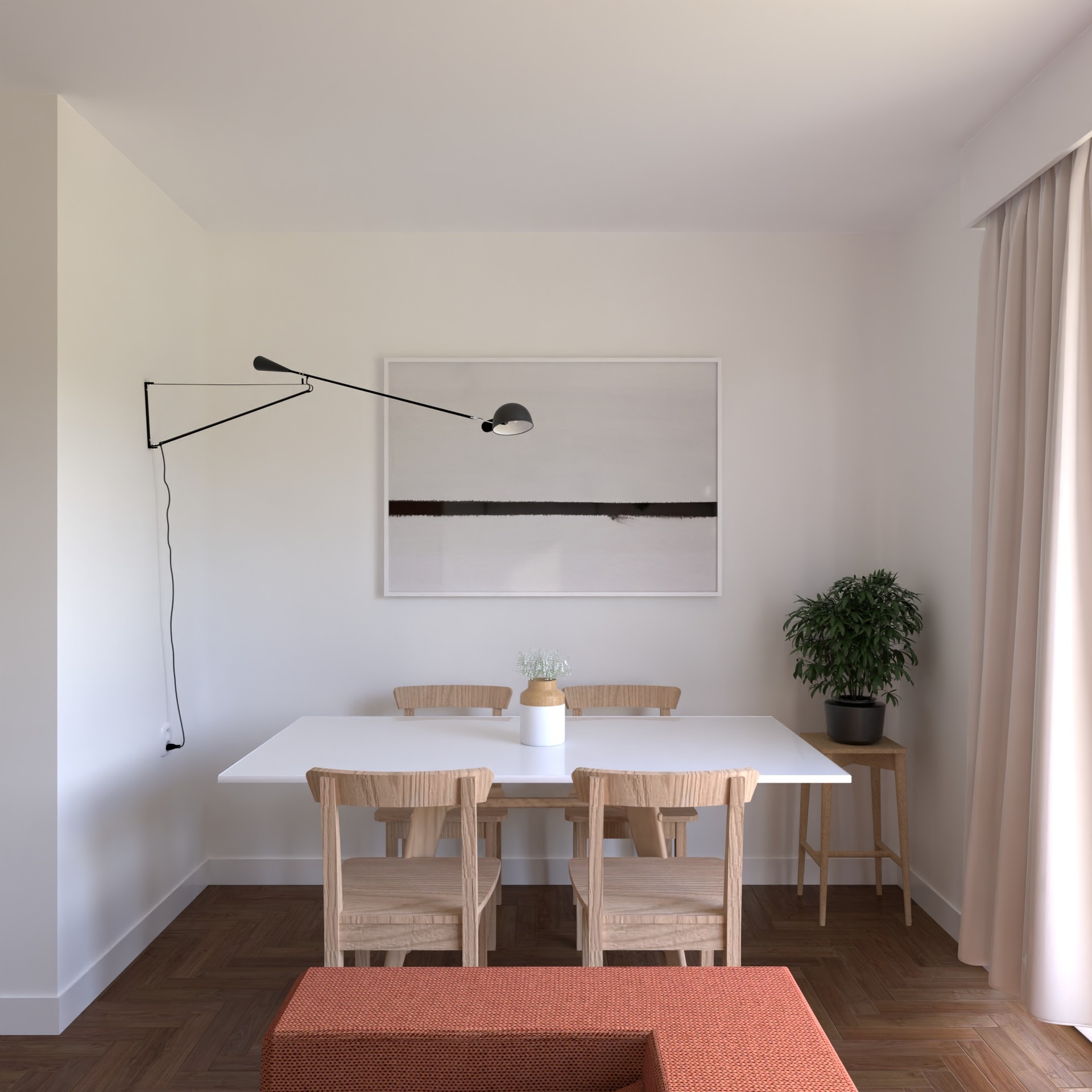 Jasne wnętrze jadalni z białym stołem, drewnianymi krzesłami, lampą na ścianie i minimalistycznym obrazem w tle.