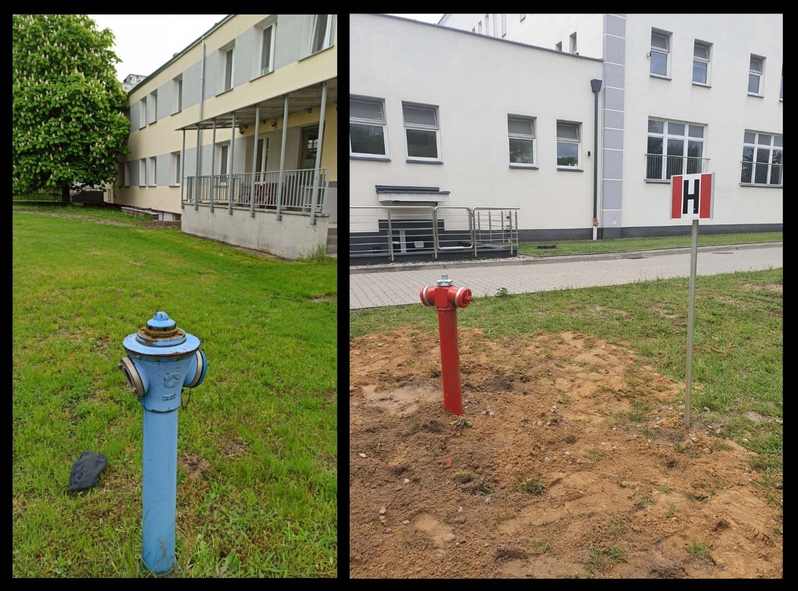 Porównanie dwóch hydrantów: niebieski hydrant na trawniku obok budynku z balkonami i czerwony hydrant na ziemi obok budynku z oznaczeniem 'H'.