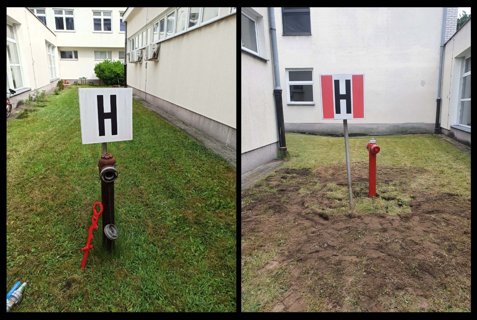 Dwa ujęcia hydrantów zewnętrznych z tabliczkami informacyjnymi 'H' na trawniku przed budynkiem. Po lewej stronie hydrant w kolorze ciemnym, z czerwonym kluczem obok. Po prawej stronie hydrant...