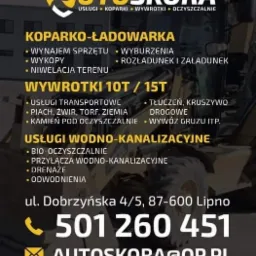 Grafika reklamowa firmy Autoskóra z Lipna, oferującej usługi koparko-ładowarką, wywrotkami 10T/15T oraz usługi wodno-kanalizacyjne, w tym drenaż i odwodnienia. Na tle zdjęcia koparko-ładowarki...