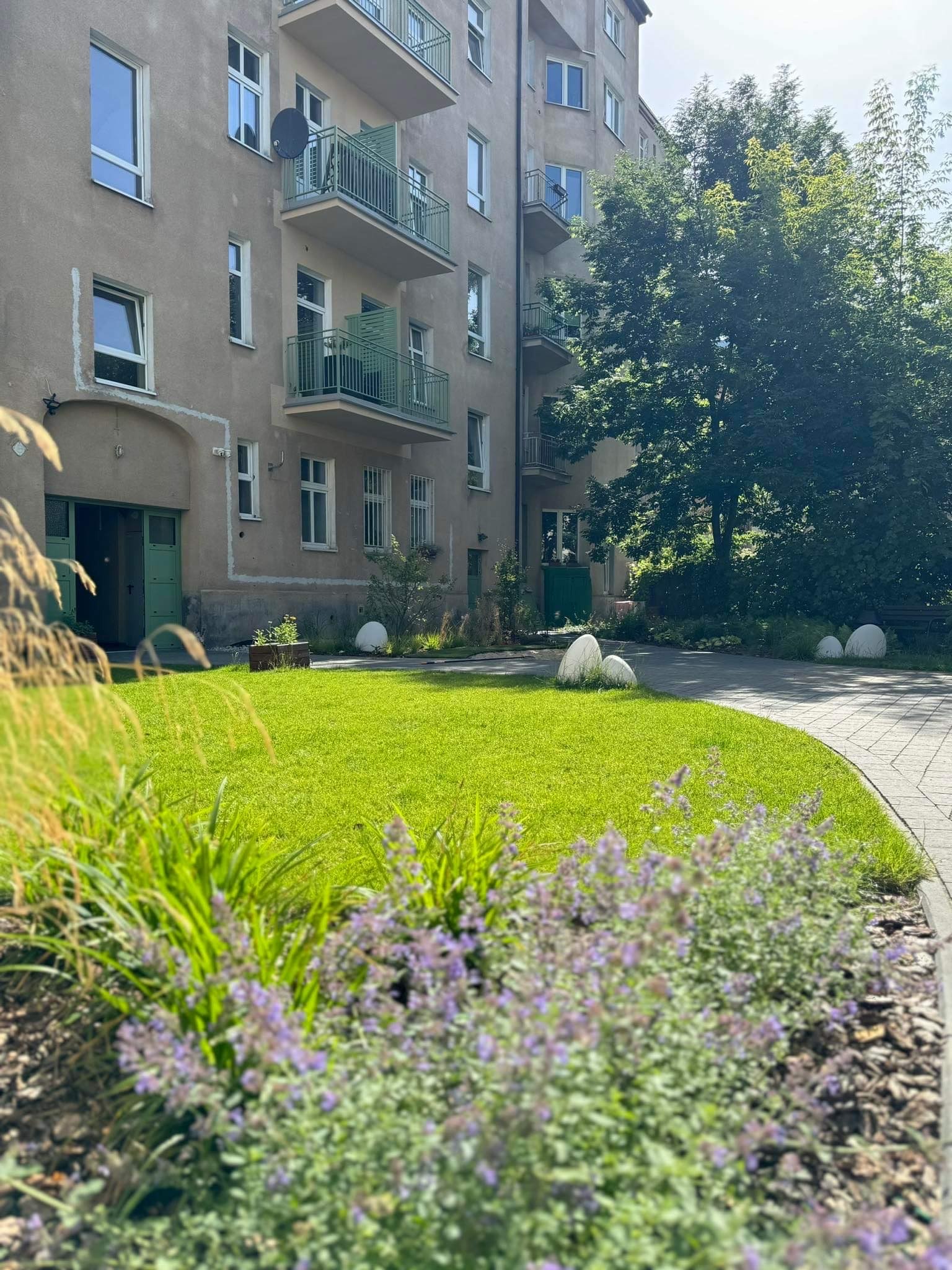 Kadr na zadbany trawnik przed budynkiem mieszkalnym z zielonymi balkonami, ozdobne kamienie i rabata z fioletowymi kwiatami na pierwszym planie.
