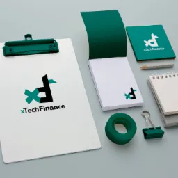 Zestaw materiałów biurowych z logo XTechFinance: notatnik, bloczek, podkładka z klipsem, ołówek, gumka i spinacz biurowy w odcieniach bieli i zieleni na gładkim, szarym tle.