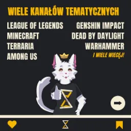 Grafika prezentująca wiele kanałów tematycznych z popularnymi grami wideo, takimi jak League of Legends, Minecraft, Terraria, Among Us, Genshin Impact, Dead by Daylight i Warhammer,...