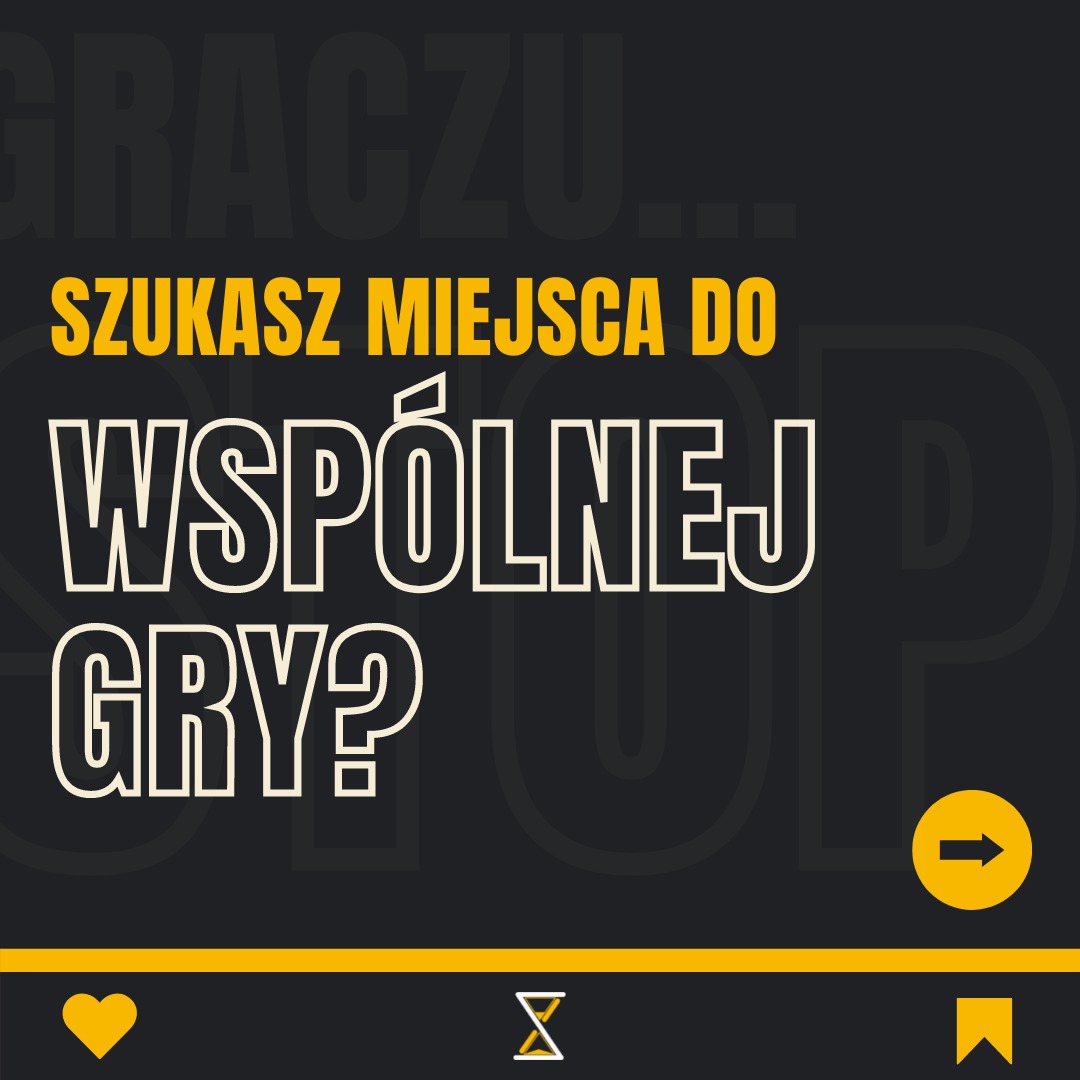 Grafika reklamowa z pytaniem 'Szukasz miejsca do wspólnej gry?' w kolorystyce czarno-żółtej, z subtelnym tekstem 'Graczu...' w tle, skierowana do mieszkańców Wrocławia.