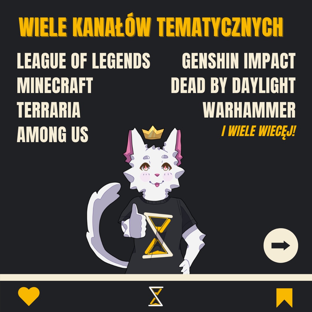 Grafika prezentująca wiele kanałów tematycznych z popularnymi grami wideo, takimi jak League of Legends, Minecraft, Terraria, Among Us, Genshin Impact, Dead by Daylight i Warhammer,...