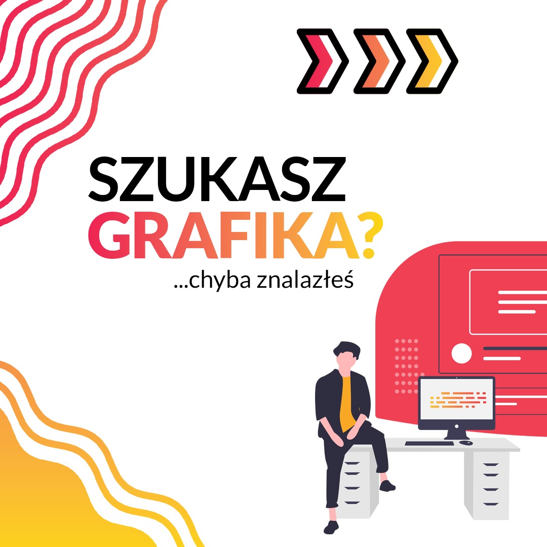 Ilustracja wektorowa z napisem 'Szukasz grafika? ...chyba znalazłeś', stylizowaną postacią siedzącą na biurku z komputerem, w tle graficzne elementy dekoracyjne.