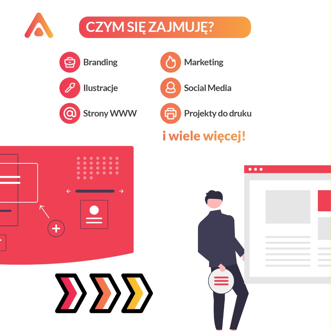 Grafika wektorowa przedstawiająca ofertę usług: branding, ilustracje, strony WWW, marketing, social media i projekty do druku, z elementami graficznymi symbolizującymi proces twórczy i prezentację...