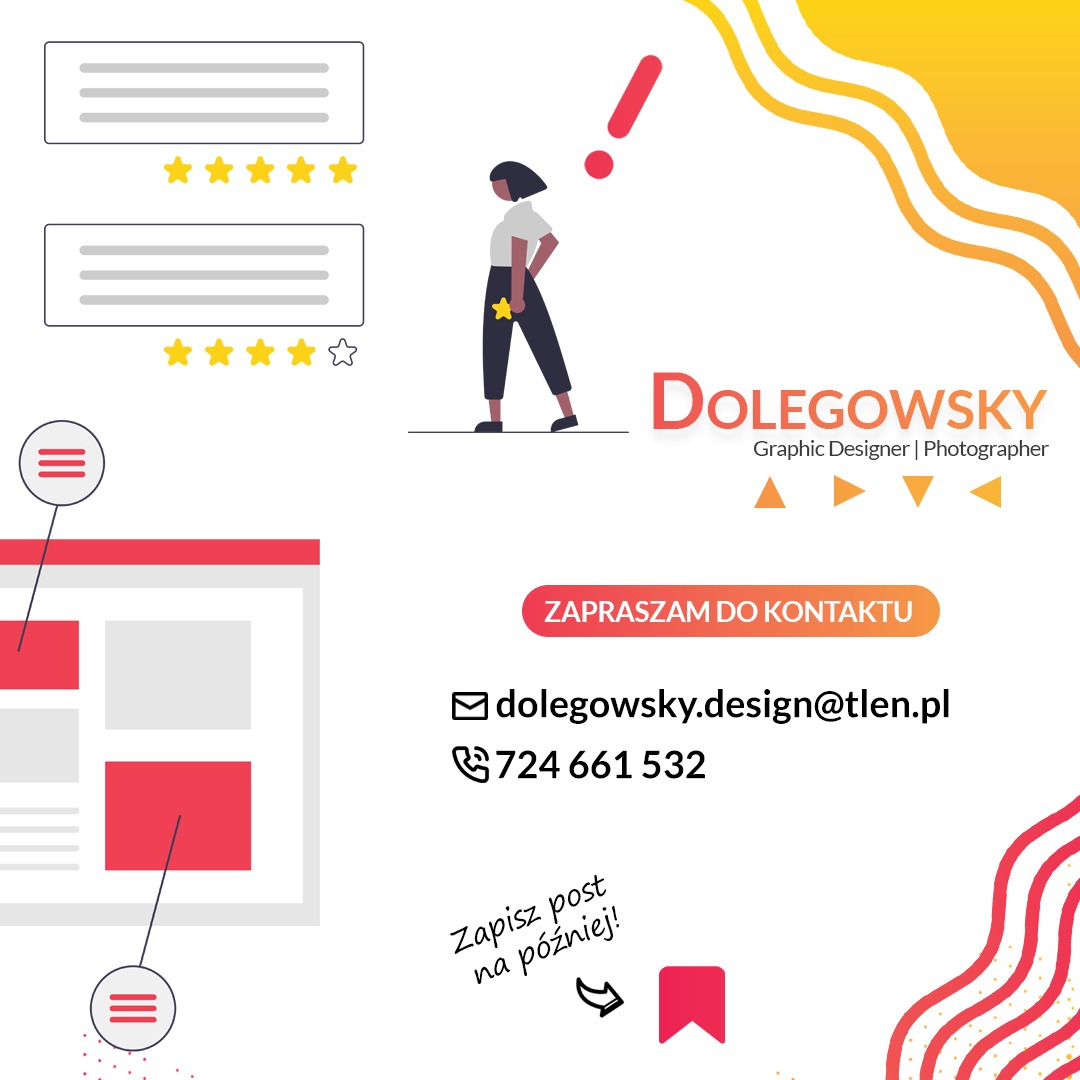 Ilustracja promująca usługi graficzne: postać z gwiazdką, opinie klientów, dane kontaktowe i wezwanie do działania.