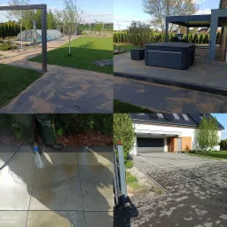 Czyszczenie kostki brukowej na posesji prywatnej za pomocą myjki ciśnieniowej, widoczny efekt przed i po umyciu, z elementami architektury ogrodowej w tle.