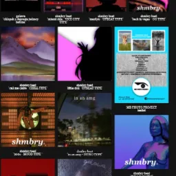 Zestaw okładek albumów muzycznych z różnymi motywami graficznymi, w tym krajobrazy, portrety, sceny miejskie i abstrakcje, z wyraźnie widocznym logo 'shmbry' na każdej okładce.