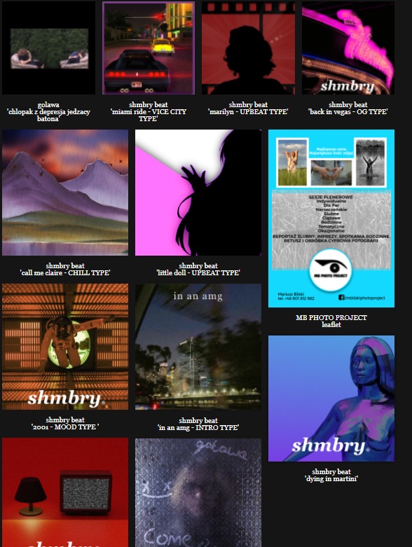 Zestaw okładek albumów muzycznych z różnymi motywami graficznymi, w tym krajobrazy, portrety, sceny miejskie i abstrakcje, z wyraźnie widocznym logo 'shmbry' na każdej okładce.