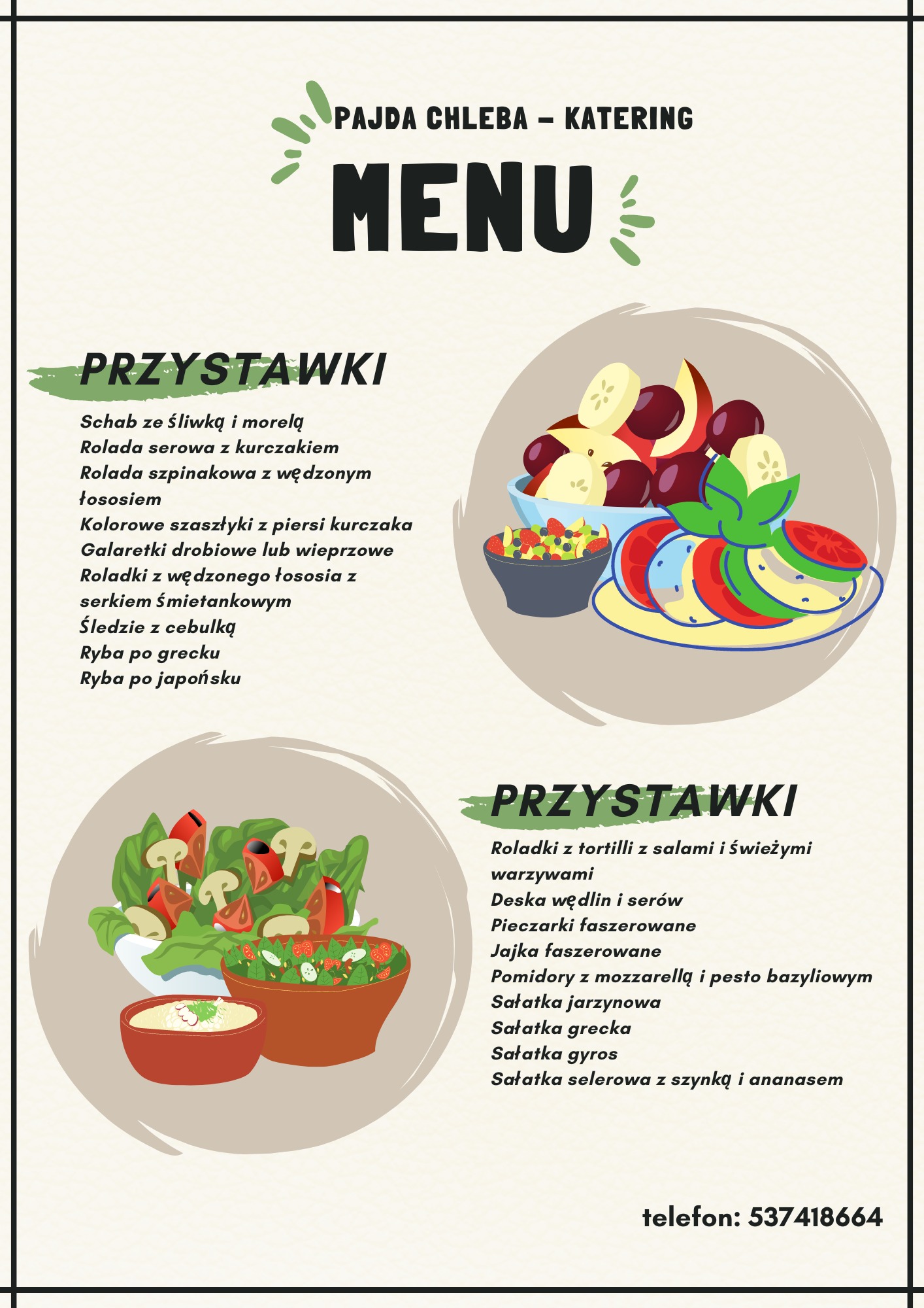 Ilustrowane menu cateringu 'Pajda Chleba' z listą przystawek, w tym schab ze śliwką, roladki z łososia i sałatki, ozdobione grafikami potraw.
