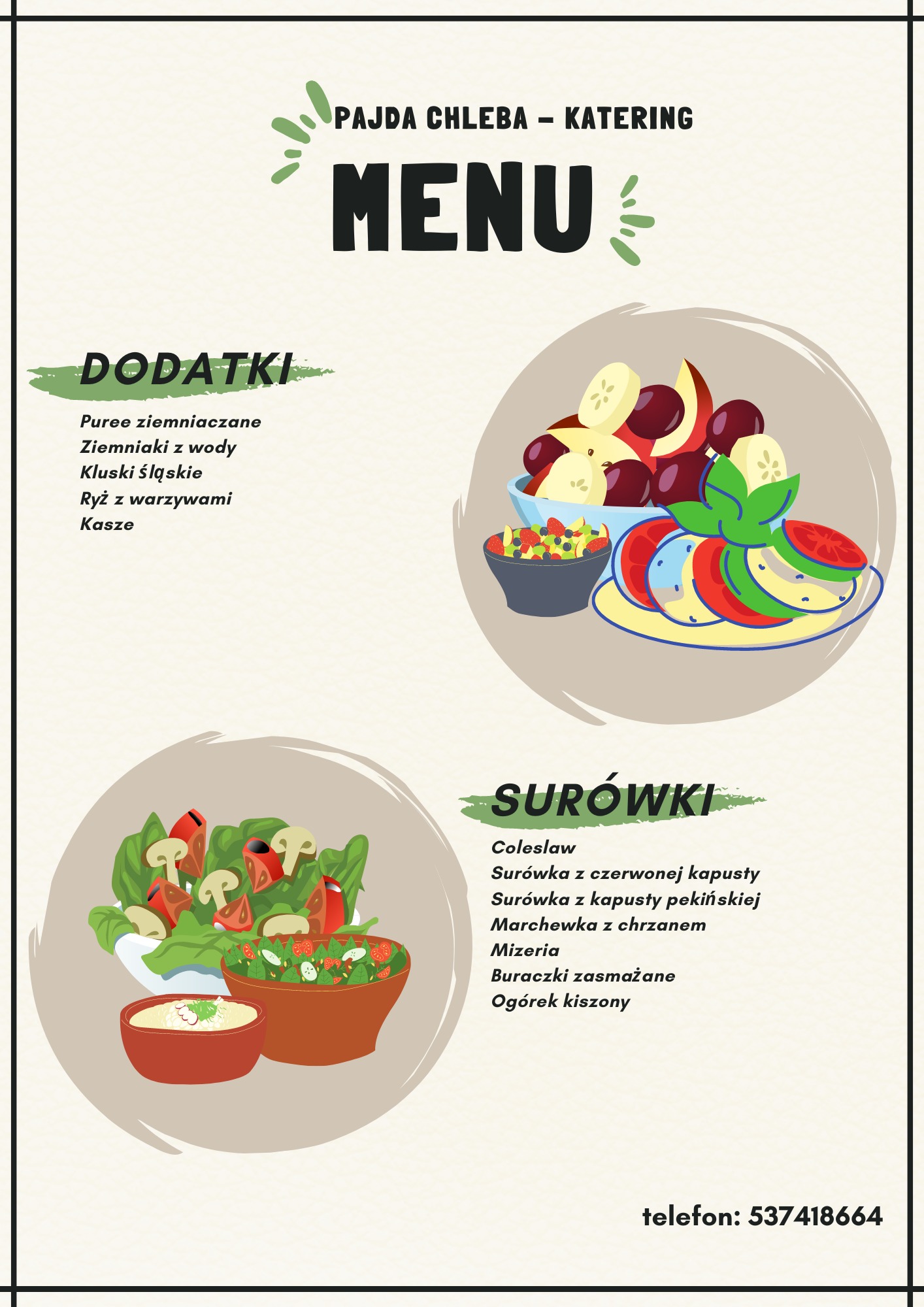 Ilustracja menu cateringu z dodatkami, surówkami i owocami, w tym puree ziemniaczanym, colesławem i sałatką owocową. Grafika w stylu retro z zielonymi akcentami i numerem telefonu.