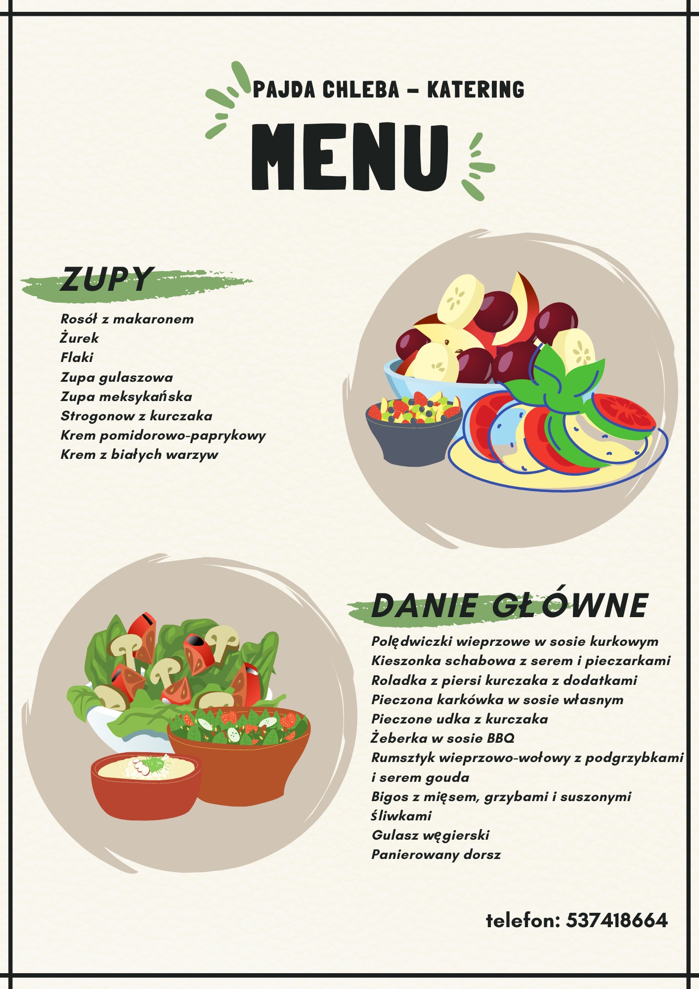 Ilustracja menu cateringu z propozycjami zup, dań głównych i sałatek w graficznej formie.