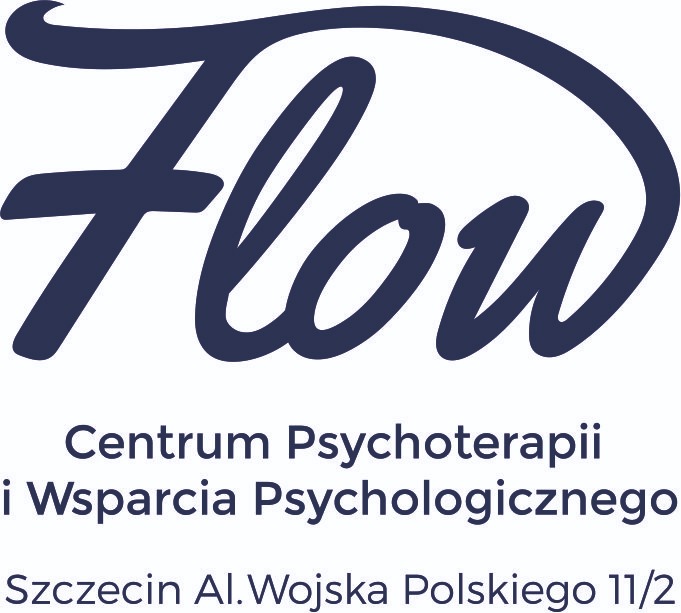 Logo Centrum Psychoterapii i Wsparcia Psychologicznego Flow w Szczecinie, adres Al. Wojska Polskiego 11/2, granatowa, stylizowana czcionka.