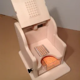 Aparat do napełniania blistrów z lekami, z otwartą pokrywą, widoczne blistry i pojemniki z tabletkami w kolorze białym i pomarańczowym.