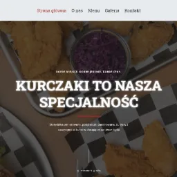 Strona internetowa restauracji z fast foodem, na pierwszym planie kurczaki w panierce, burgery i dodatki, widoczne menu i logo restauracji w lewym górnym rogu.