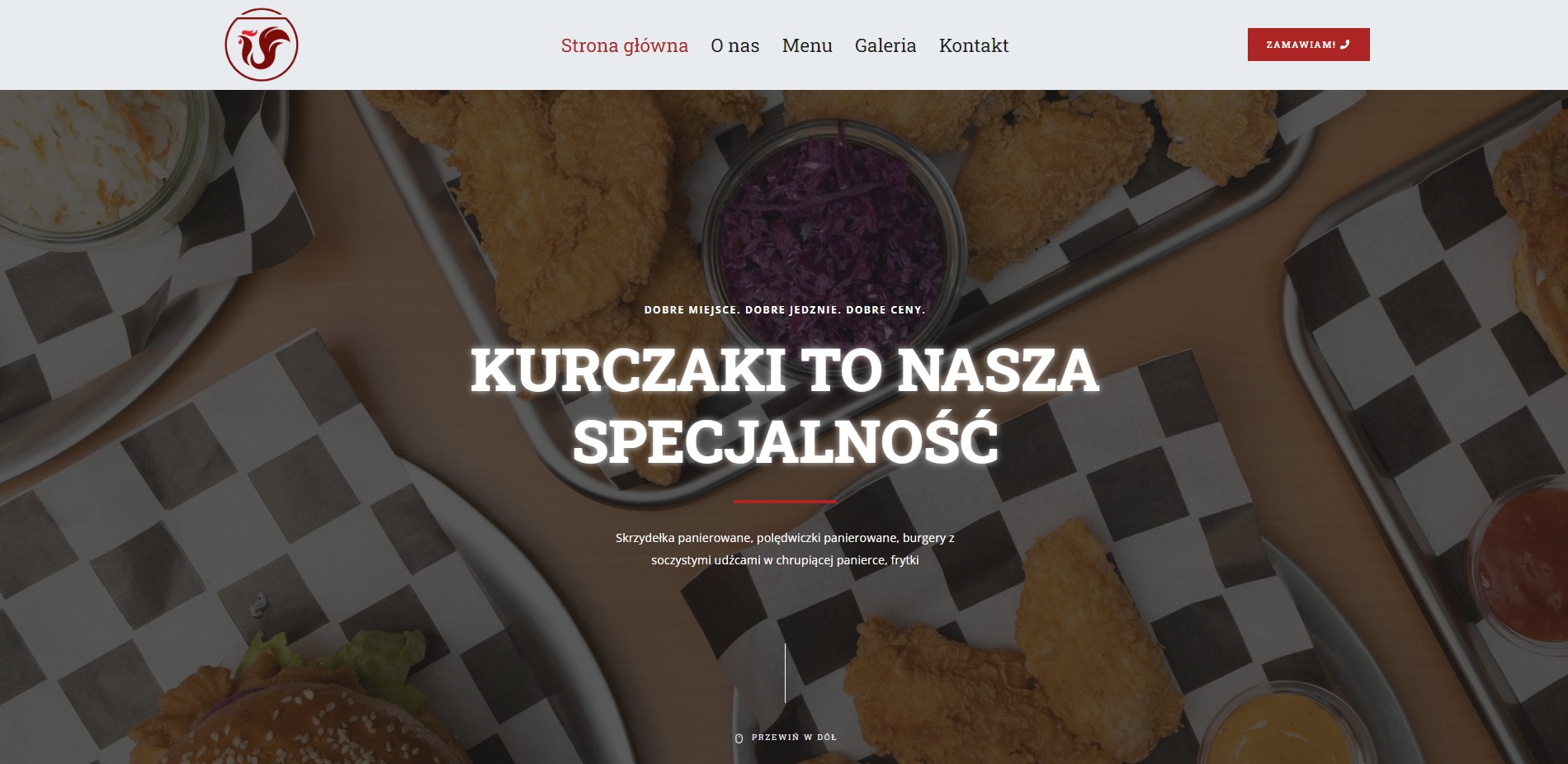 Strona internetowa restauracji z fast foodem, na pierwszym planie kurczaki w panierce, burgery i dodatki, widoczne menu i logo restauracji w lewym górnym rogu.