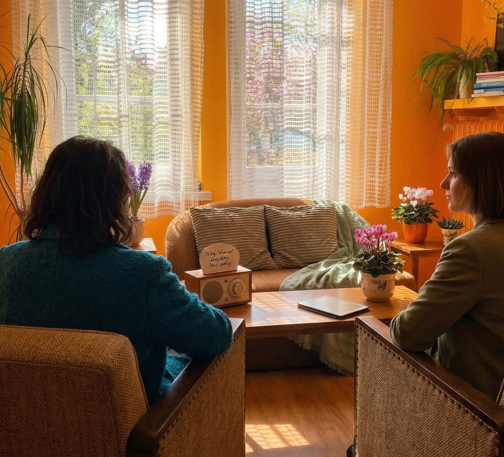 Dwie kobiety siedzą naprzeciwko siebie w pomarańczowym pokoju z oknem, kwiatami i radiem z napisem. Atmosfera sprzyja rozmowie i relaksacji.