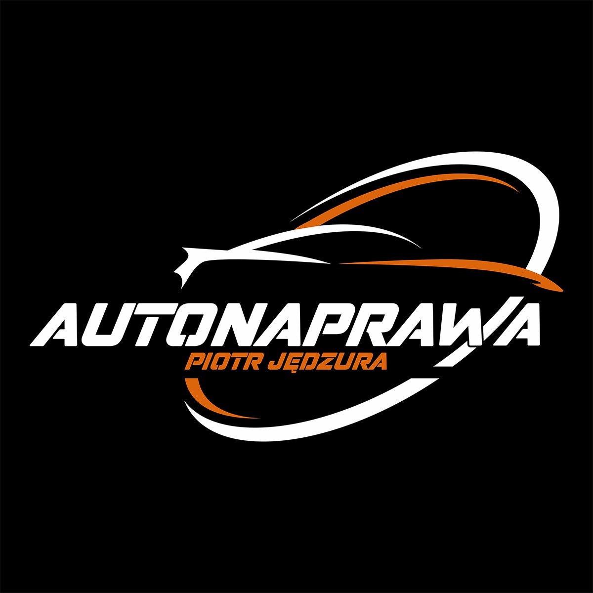 Logo firmy Autonaprawa Piotr Jędzura z sylwetką samochodu w kolorach białym i pomarańczowym na czarnym tle.