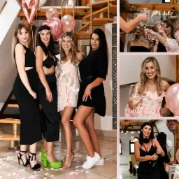 Grupa kobiet świętuje wieczór panieński, jedna z nich ma szarfę 'Bride to Be', w tle balony i schody.