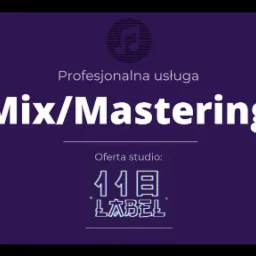 Grafika reklamowa studia oferującego usługi mixu i masteringu dźwięku z logotypem w neonowym stylu na fioletowym tle.