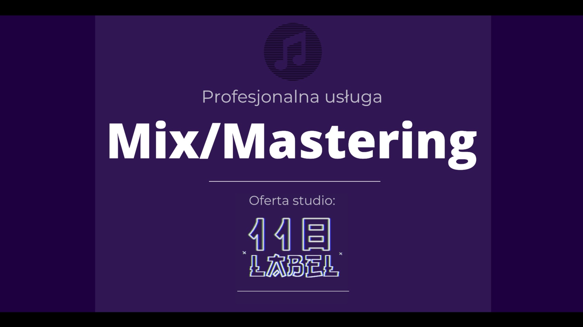 Grafika reklamowa studia oferującego usługi mixu i masteringu dźwięku z logotypem w neonowym stylu na fioletowym tle.
