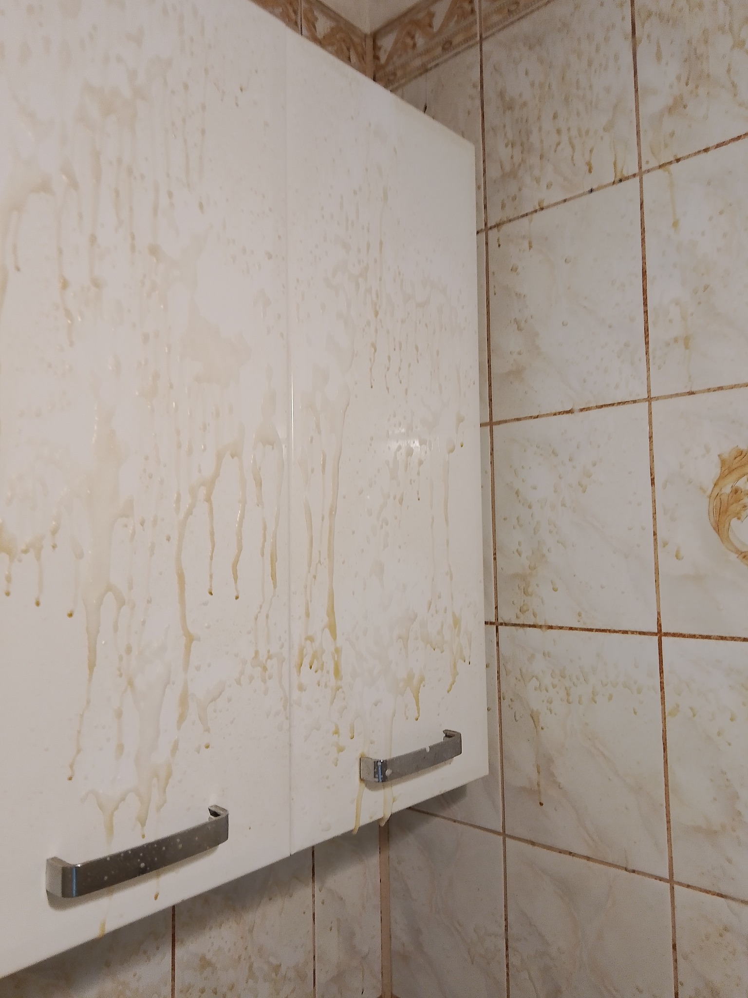 Zabrudzona szafka kuchenna i płytki ścienne z widocznymi zaciekami i plamami. Widoczne metalowe uchwyty szafki. Potrzeba gruntownego czyszczenia.