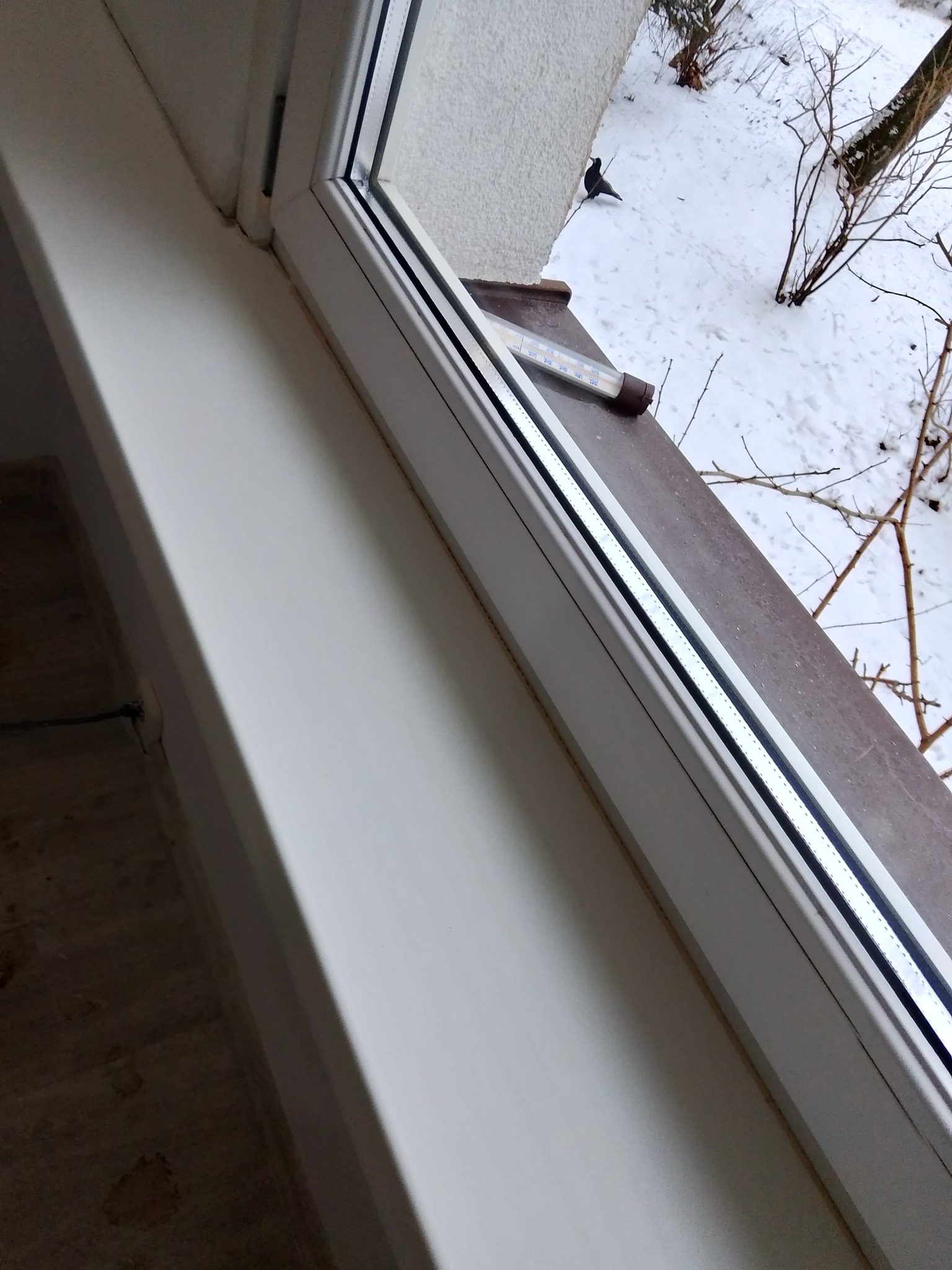 Białe okno PCV z widokiem na zaśnieżony krajobraz i termometrem przylegającym do ramy. Widoczne gałęzie drzew i ptak na śniegu.