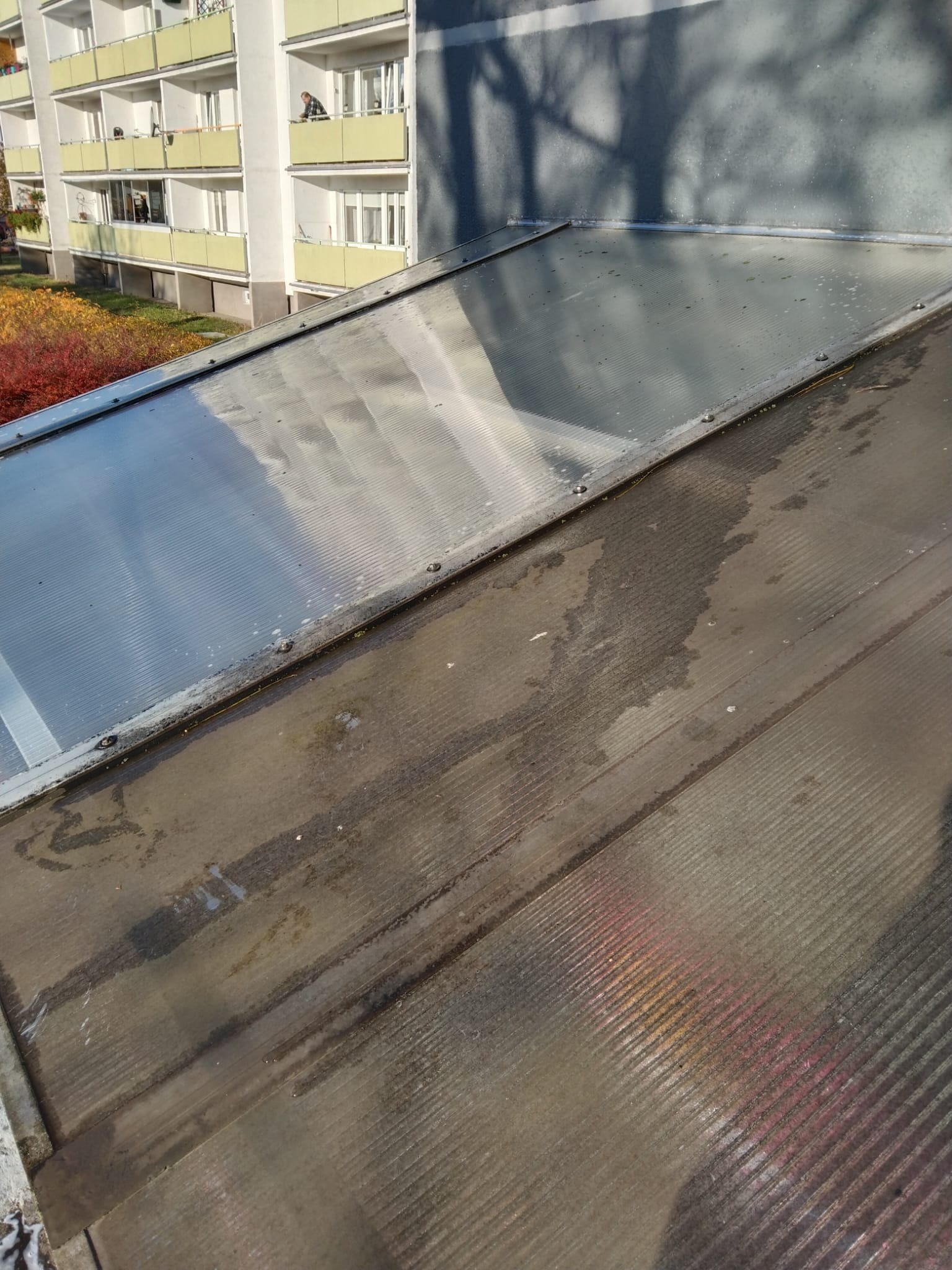 Częściowo umyta, przezroczysta, falista płyta dachowa z widocznymi zabrudzeniami i zaciekami, na tle bloku mieszkalnego i jesiennej roślinności.
