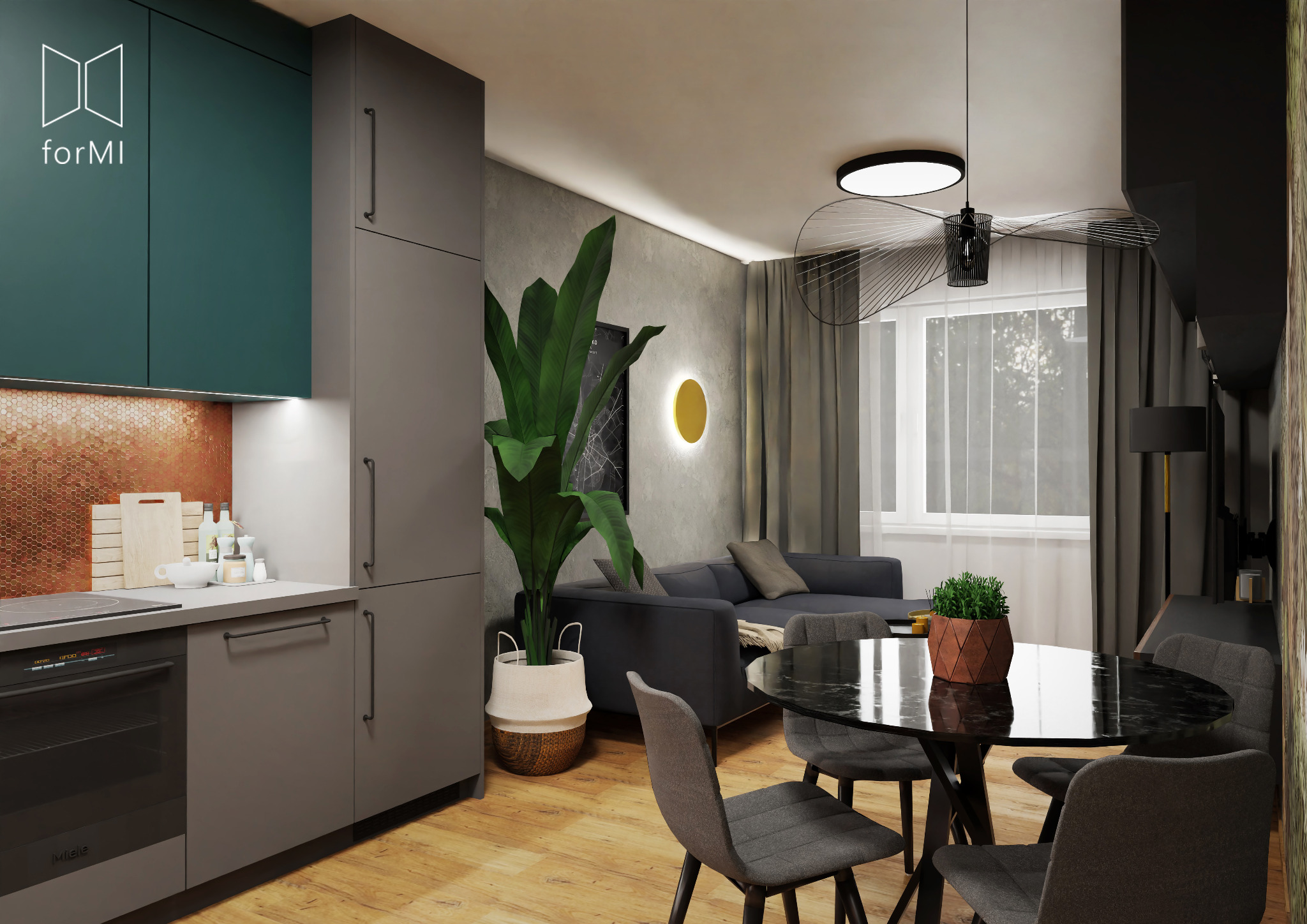 Kuchnia z salonem w podłużnym dwupokojowym mieszkaniu / RADOMSKO