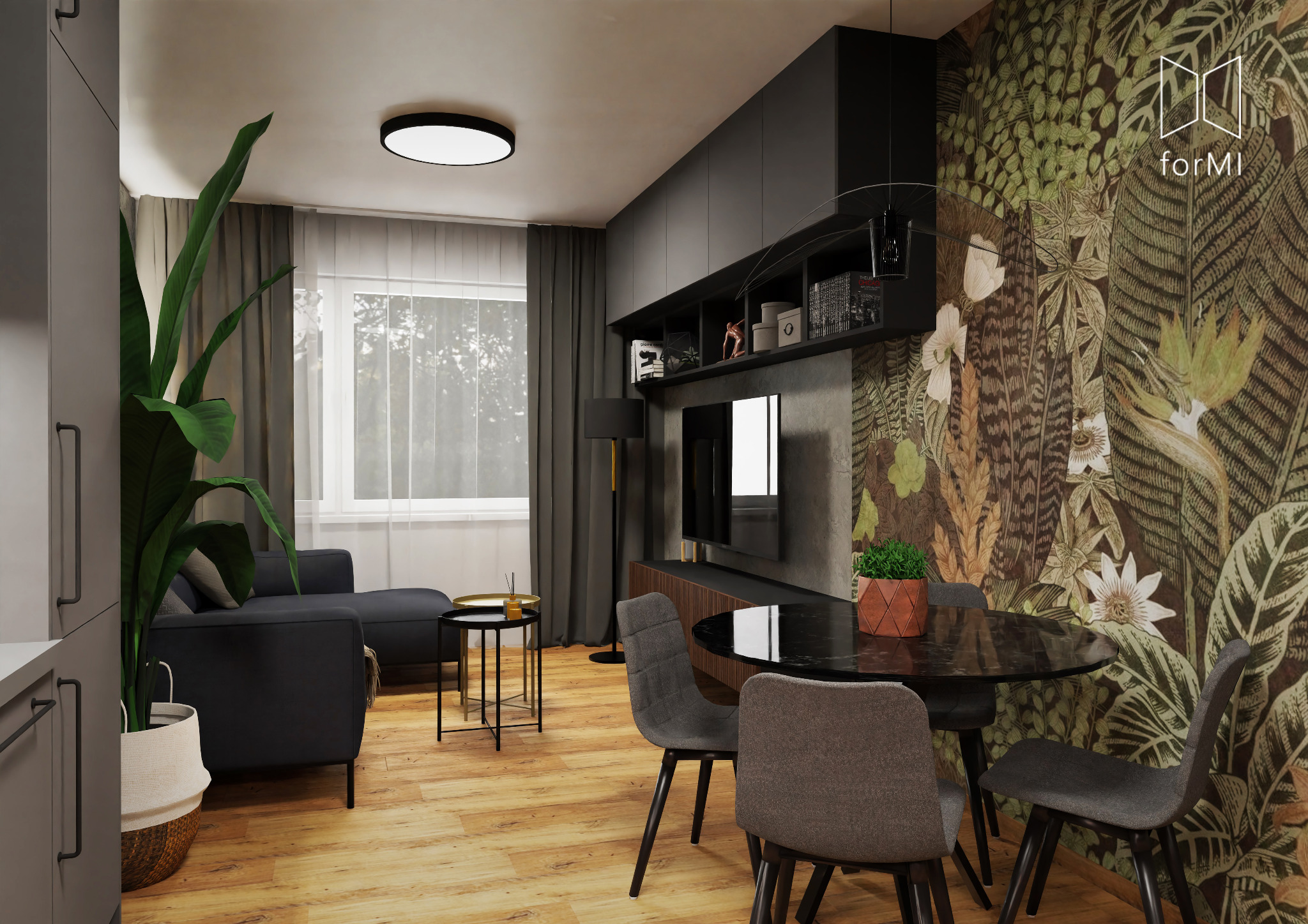 Salon w dwupokojowym podłużnym mieszkaniu / RADOMSKO