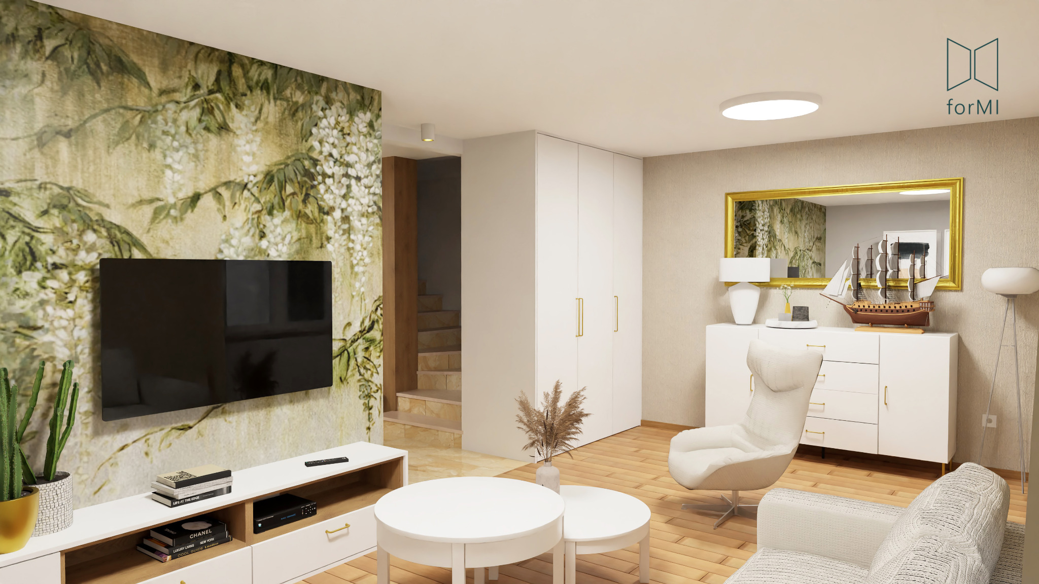 Salon w dwupoziomowym mieszkaniu w szeregówce / ZAMBRÓW