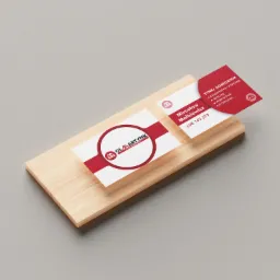 Dwie wizytówki firmy z branży tynków na drewnianej podstawce, widoczne logo i dane kontaktowe.