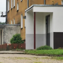 Odnowiona elewacja wejścia do budynku, z białymi ścianami i szarym pasem na dole, brązowe filary oraz ciemne drzwi wejściowe, widoczny fragment starej, żółtej elewacji z symbolem na ścianie, mały...