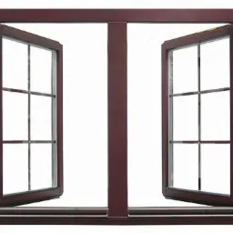 Brązowe, dwuskrzydłowe okno z szprosami, oba skrzydła otwarte na zewnątrz, widok od wewnątrz, na białym tle.