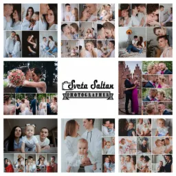 Kolaż zdjęć autorstwa fotografa Svety Saltan, prezentujący pary, rodziny i dzieci w różnych pozach i sceneriach, obejmujący sesje ślubne, rodzinne i portrety dziecięce.