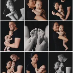 Kolaż czarno-białych portretów rodziny z noworodkiem na czarnym tle, obejmujący ujęcia rodziców trzymających dziecko, zbliżenie stóp dziecka w dłoniach oraz portrety poszczególnych rodziców...