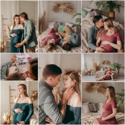 ARTWORK STUDIO SPÓŁKA Z OGRANICZONĄ ODPOWIEDZIALNOŚCIĄ - Kolaż z sesji ciążowej w studio: przyszła mama w sukniach, z partnerem na łóżku i z dziecięcym body z napisem 'Silny jak tata!'. Naturalne światło, dekoracje z traw pampasowych.