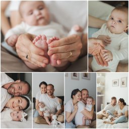 ARTWORK STUDIO SPÓŁKA Z OGRANICZONĄ ODPOWIEDZIALNOŚCIĄ - Kolaż z sesji noworodkowej: zbliżenie stóp dziecka w dłoniach rodzica, portret rodziców z dzieckiem na łóżku, ujęcia w jasnych, naturalnych barwach.