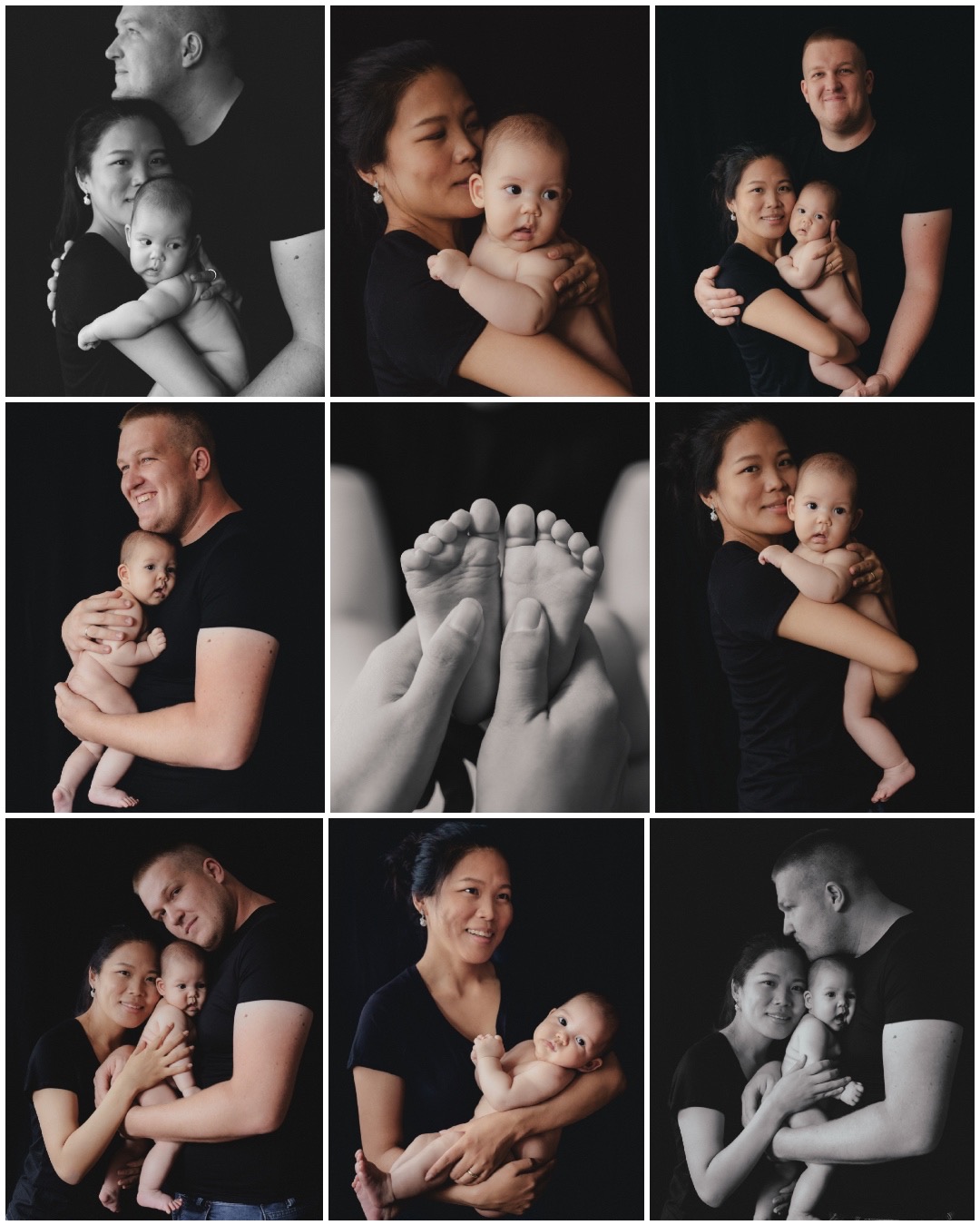 Kolaż czarno-białych portretów rodziny z noworodkiem na czarnym tle, obejmujący ujęcia rodziców trzymających dziecko, zbliżenie stóp dziecka w dłoniach oraz portrety poszczególnych rodziców...
