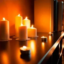 Kompozycja z płonących świec w różnych rozmiarach, ustawionych na ciemnej, lakierowanej powierzchni, z książkami w tle i ciepłym, pomarańczowym oświetleniem tworzącym relaksującą atmosferę.